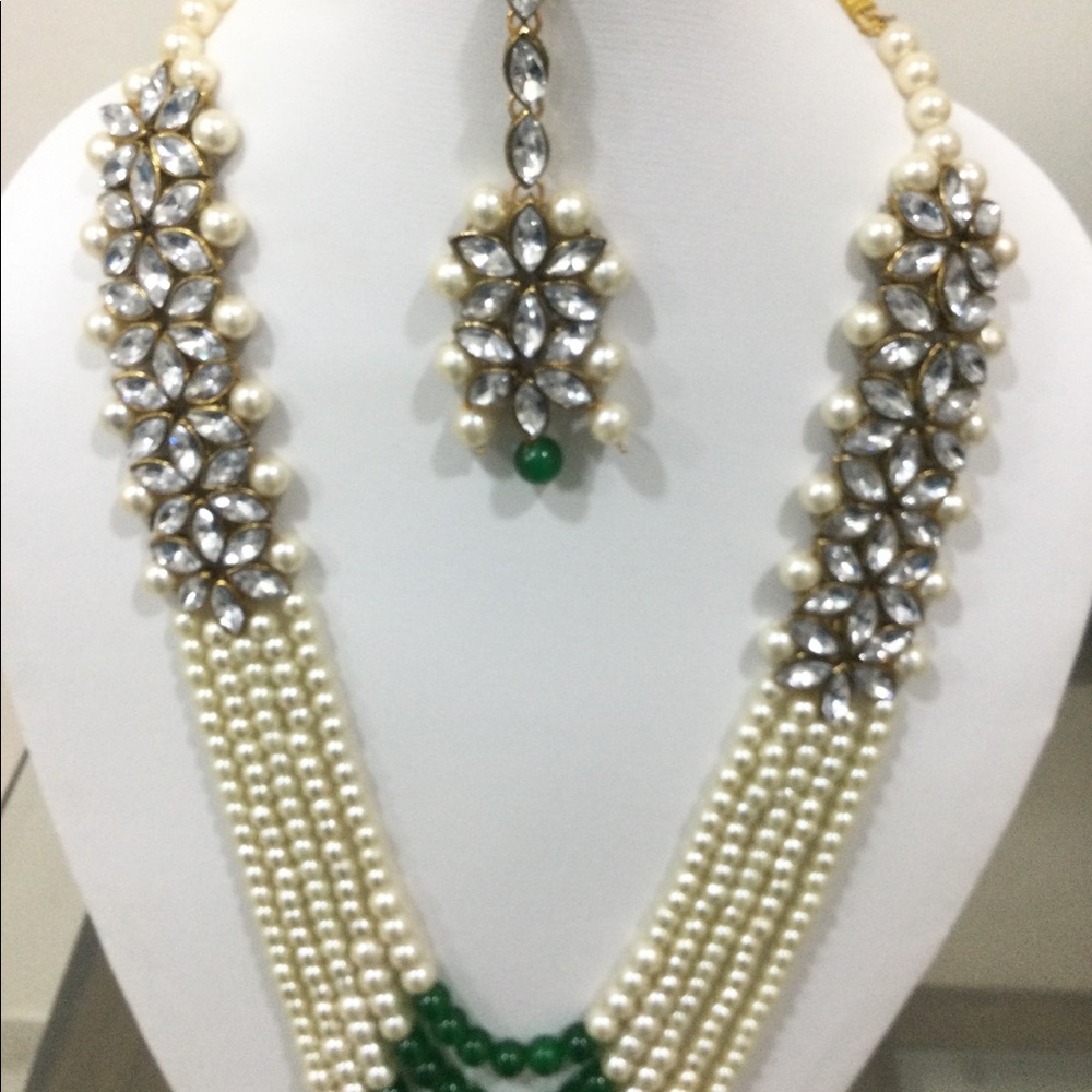 Green & white pearl pakistani bridal necklace set queen’s necklace - Picture 10 of 10